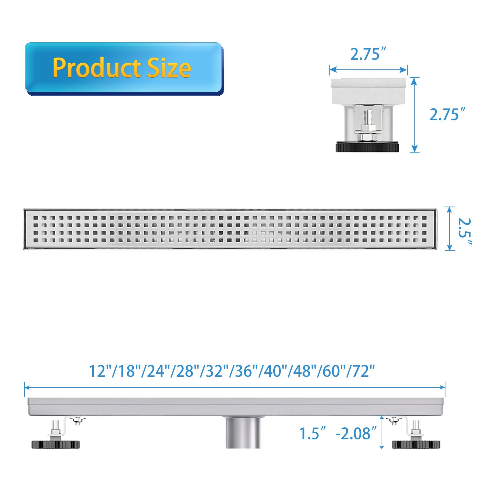 Linear Shower Drain, Shower Drain with Removable Grate Cover, Professional AISI 304 Stainless Steel Shower Floor Drain, Linear Drain with Hair Catcher and Leveling Feet
