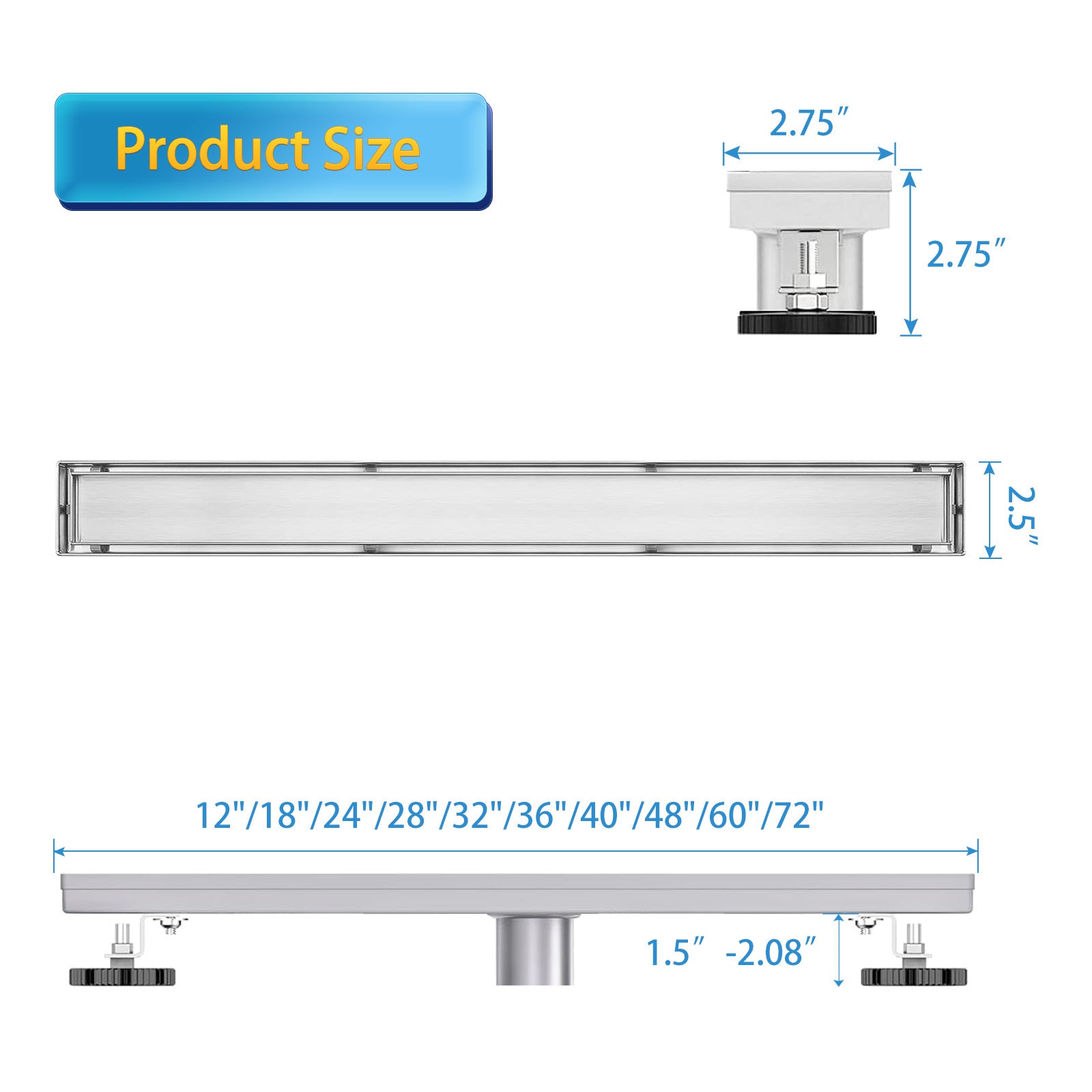 Linear Shower Drain, Drain with Tile Insert 2-in-1 Panel, Brushed 304 Stainless Steel Shower Floor Drain, Linear Drain with Hair Strainer and Adjustable Feet