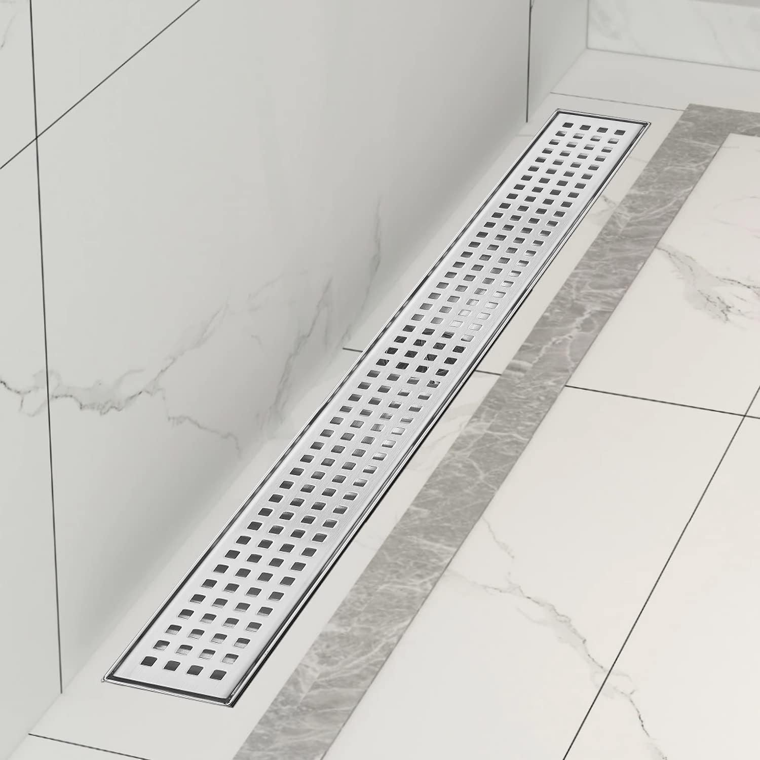 Linear Shower Drain, Shower Drain with Removable Grate Cover, Professional AISI 304 Stainless Steel Shower Floor Drain, Linear Drain with Hair Catcher and Leveling Feet
