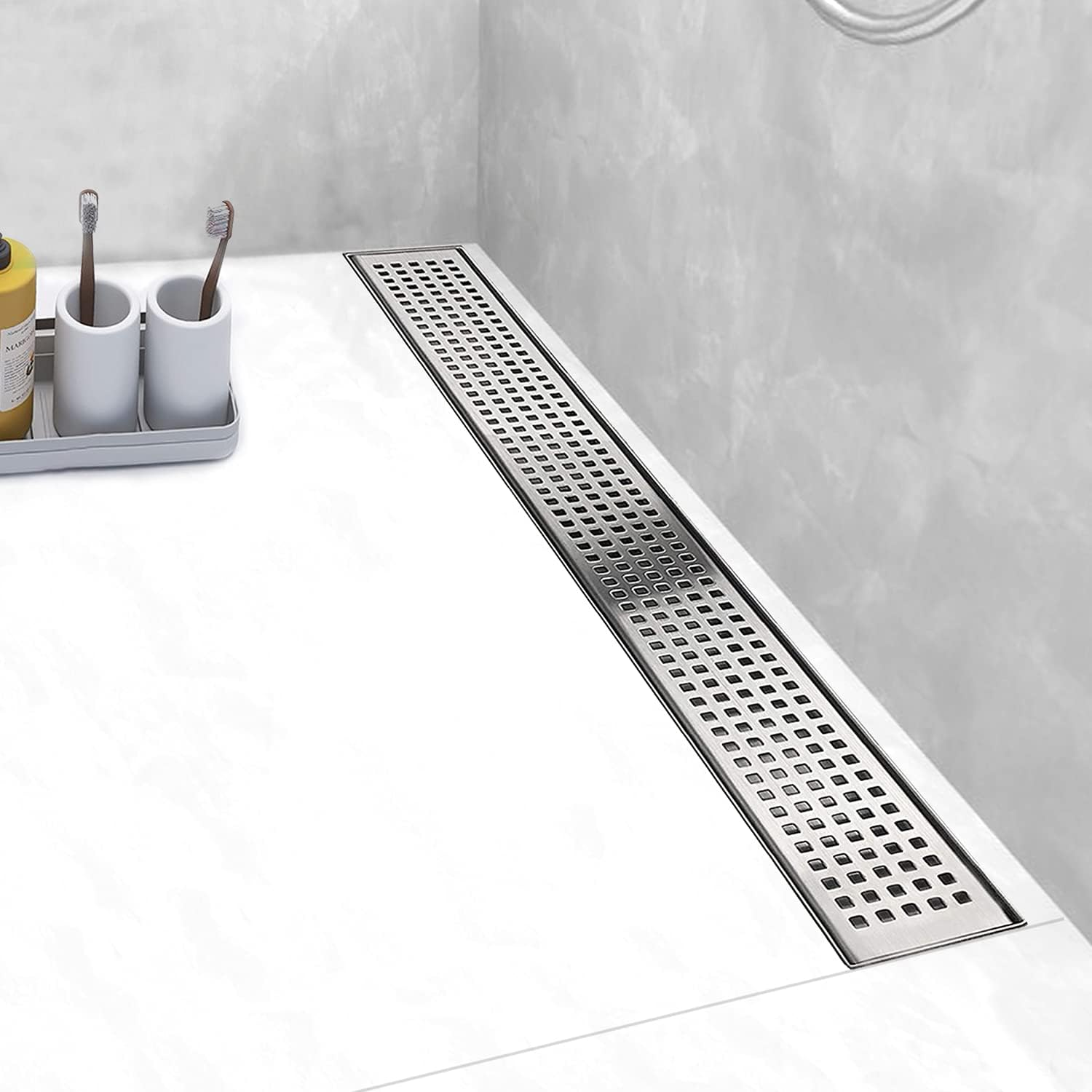 Linear Shower Drain, Shower Drain with Removable Grate Cover, Professional AISI 304 Stainless Steel Shower Floor Drain, Linear Drain with Hair Catcher and Leveling Feet