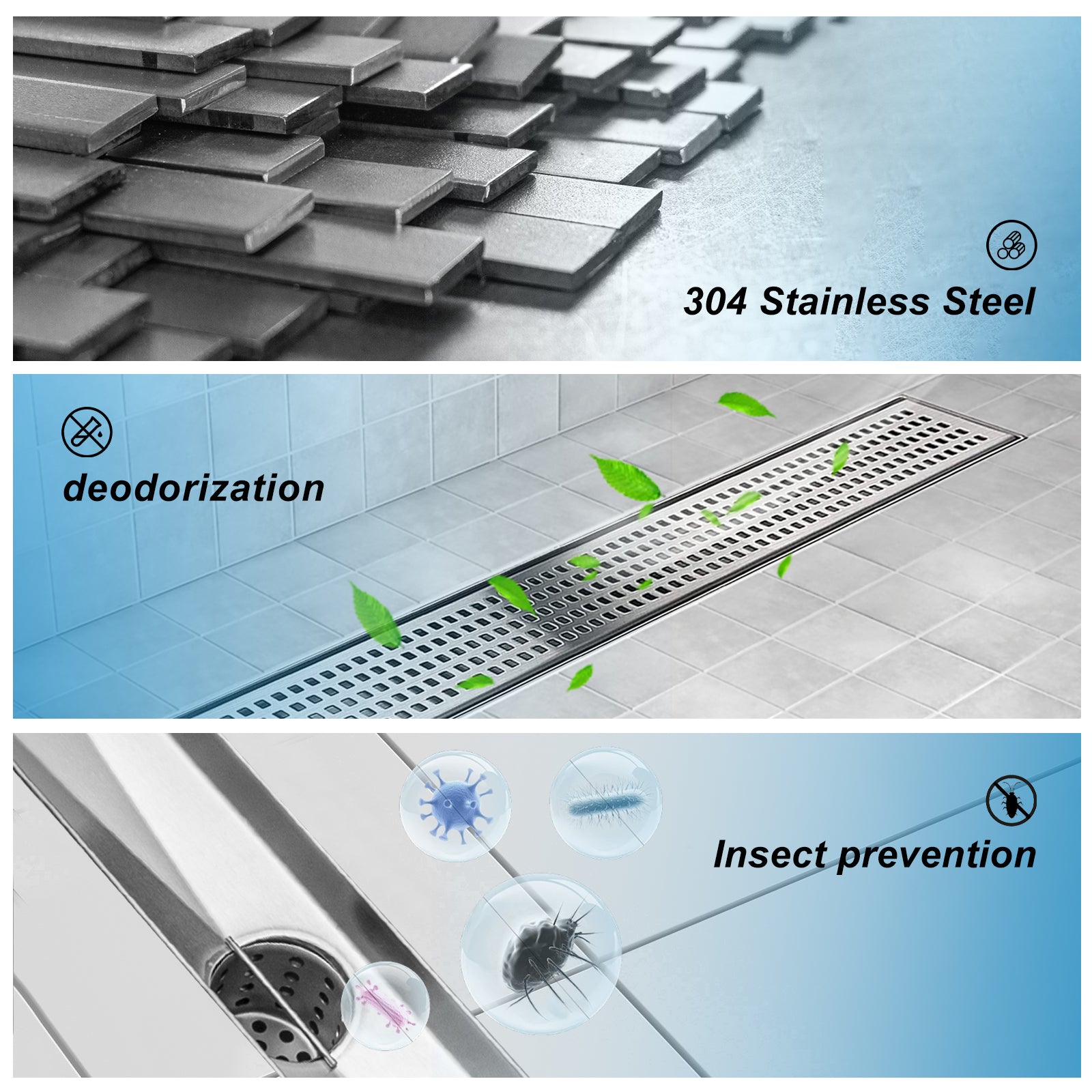 Linear Shower Drain, Shower Drain with Removable Grate Cover, Professional AISI 304 Stainless Steel Shower Floor Drain, Linear Drain with Hair Catcher and Leveling Feet
