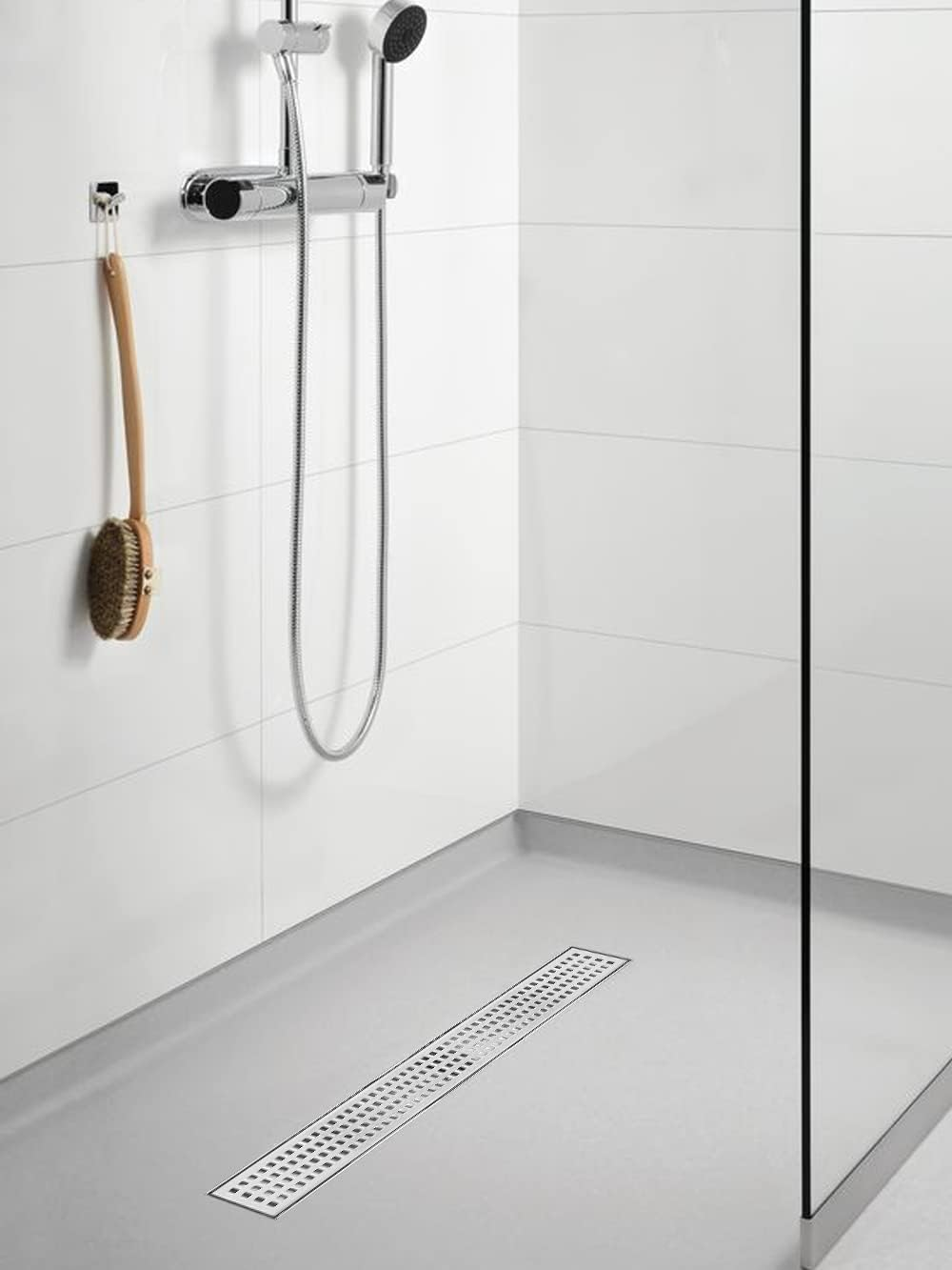 Linear Shower Drain, Shower Drain with Removable Grate Cover, Professional AISI 304 Stainless Steel Shower Floor Drain, Linear Drain with Hair Catcher and Leveling Feet