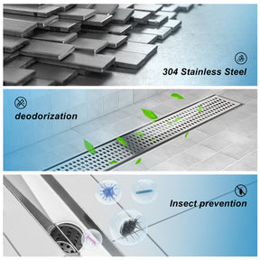 Linear Shower Drain, Shower Drain with Removable Grate Cover, Professional AISI 304 Stainless Steel Shower Floor Drain, Linear Drain with Hair Catcher and Leveling Feet